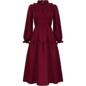 NWT Modest Elegant Long Sleeve Retro Vintage Victorian Ruffle Red Midi Dress XXL